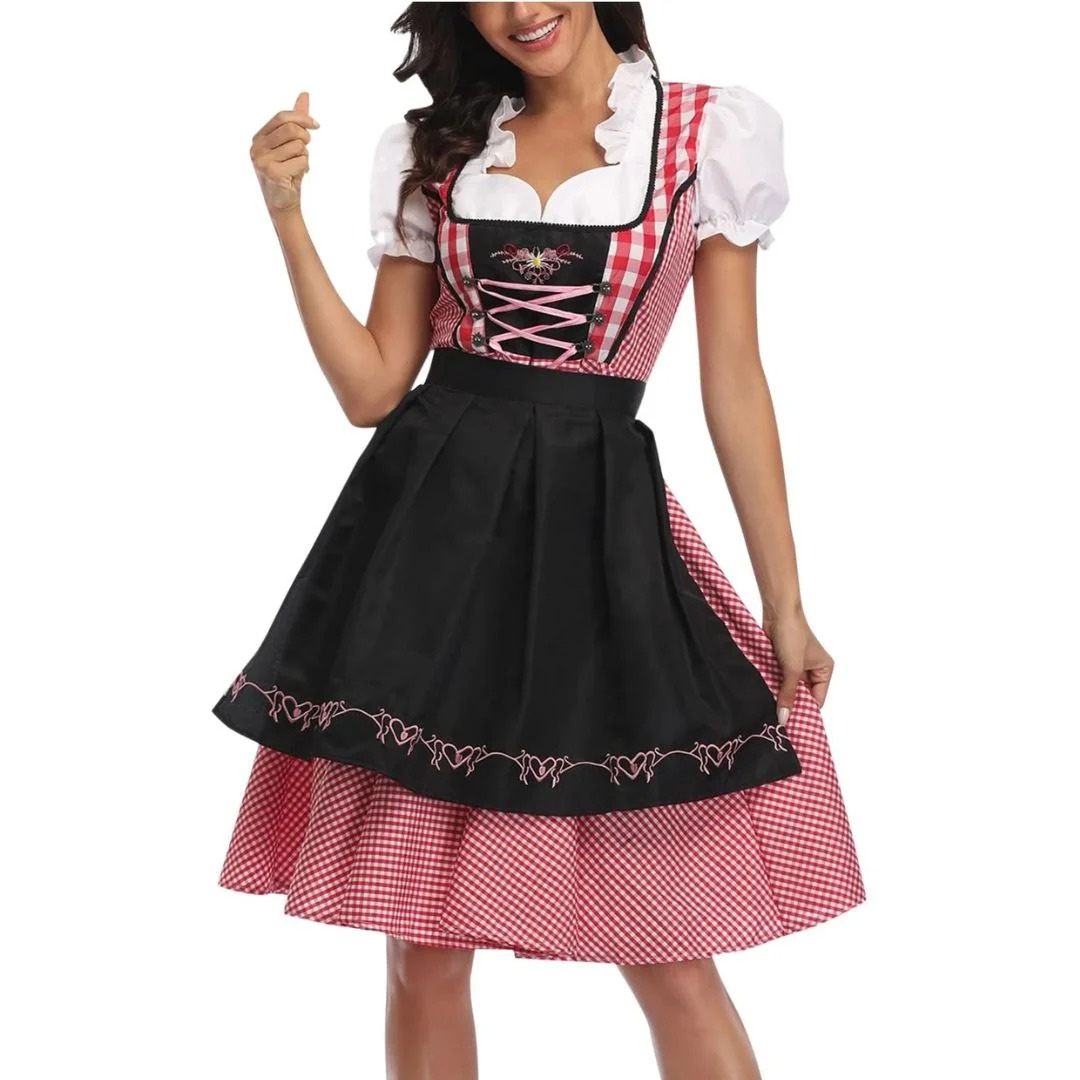 Rutete kjole til dame med snøremieder og forkle, Oktoberfest midi