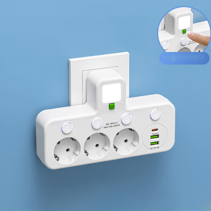 Stikkontaktlist med USB og brytere | Flerveis stikkontakt med overspenningsvern 2500 W