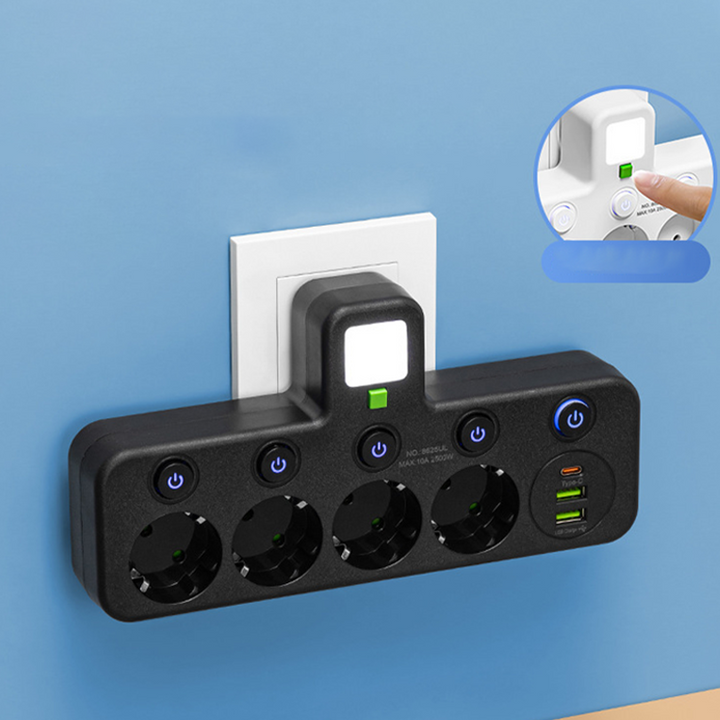 Stikkontaktlist med USB og brytere | Flerveis stikkontakt med overspenningsvern 2500 W