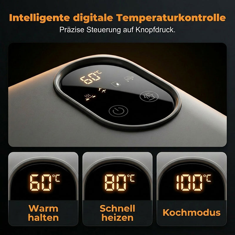 Trådløs, selvoppvarmende elektrisk matboks med innsats i rustfritt stål.