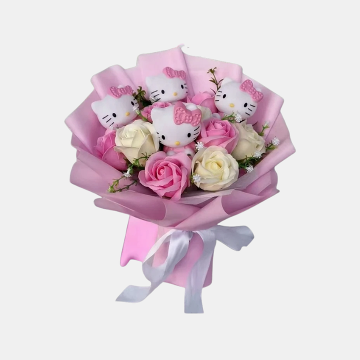 Bukett med fargerike kunstige blomster og Kitty-figurer til gave og pynt