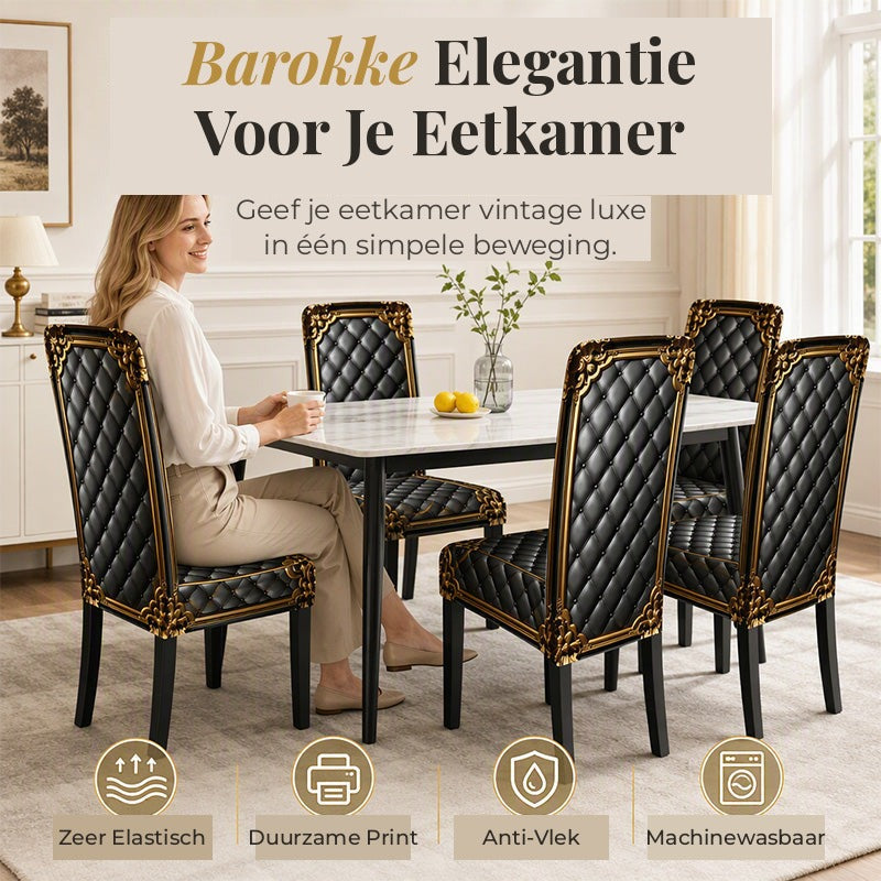 Barokke elastiske stolovertrekk med gulldetaljer – vaskbare overtrekk til spisestoler