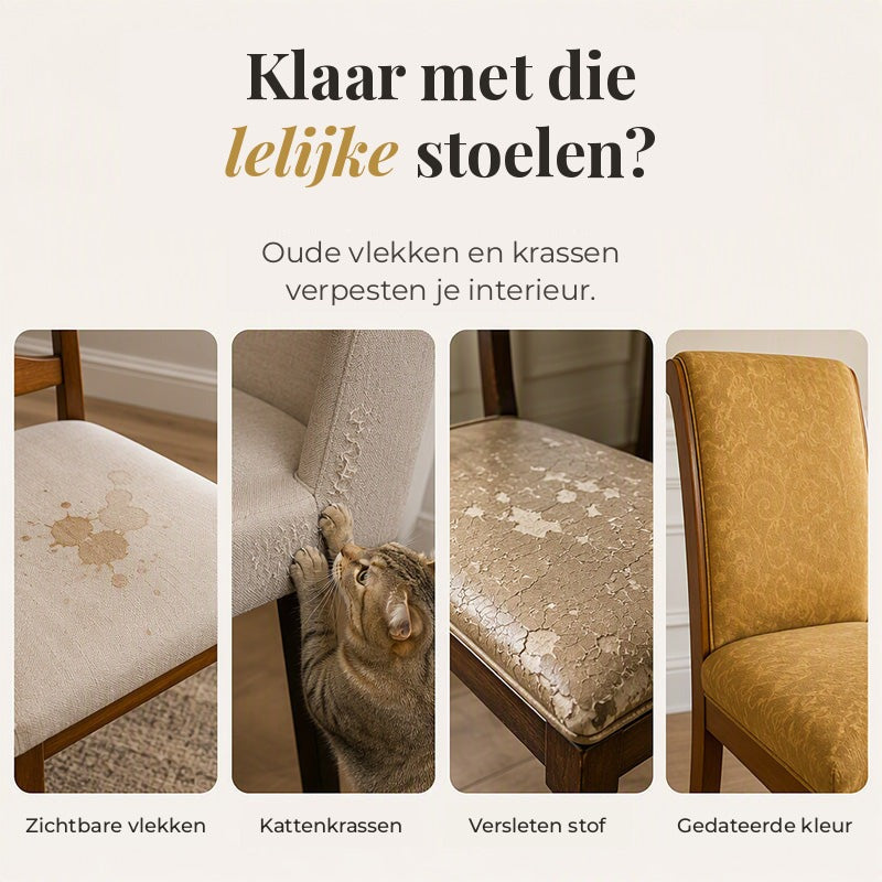 Barokke elastiske stolovertrekk med gulldetaljer – vaskbare overtrekk til spisestoler