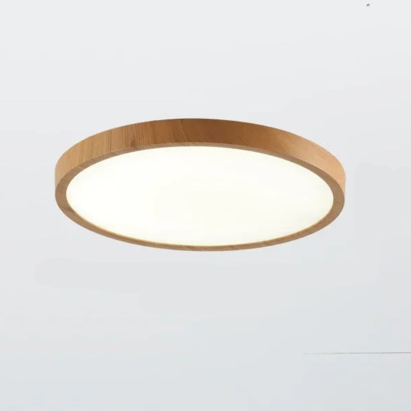 Ultratynn rund taklampe i valnøttreverk for elegante, moderne rom