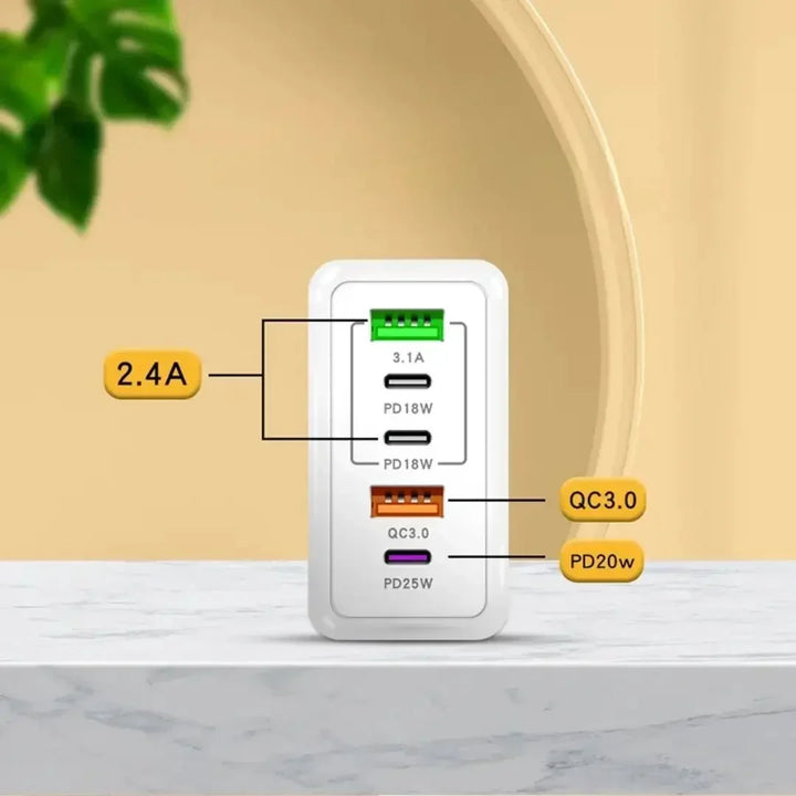 5-ports USB-vegglader – 2× USB-A + 3× USB-C, Quick Charge 3.0