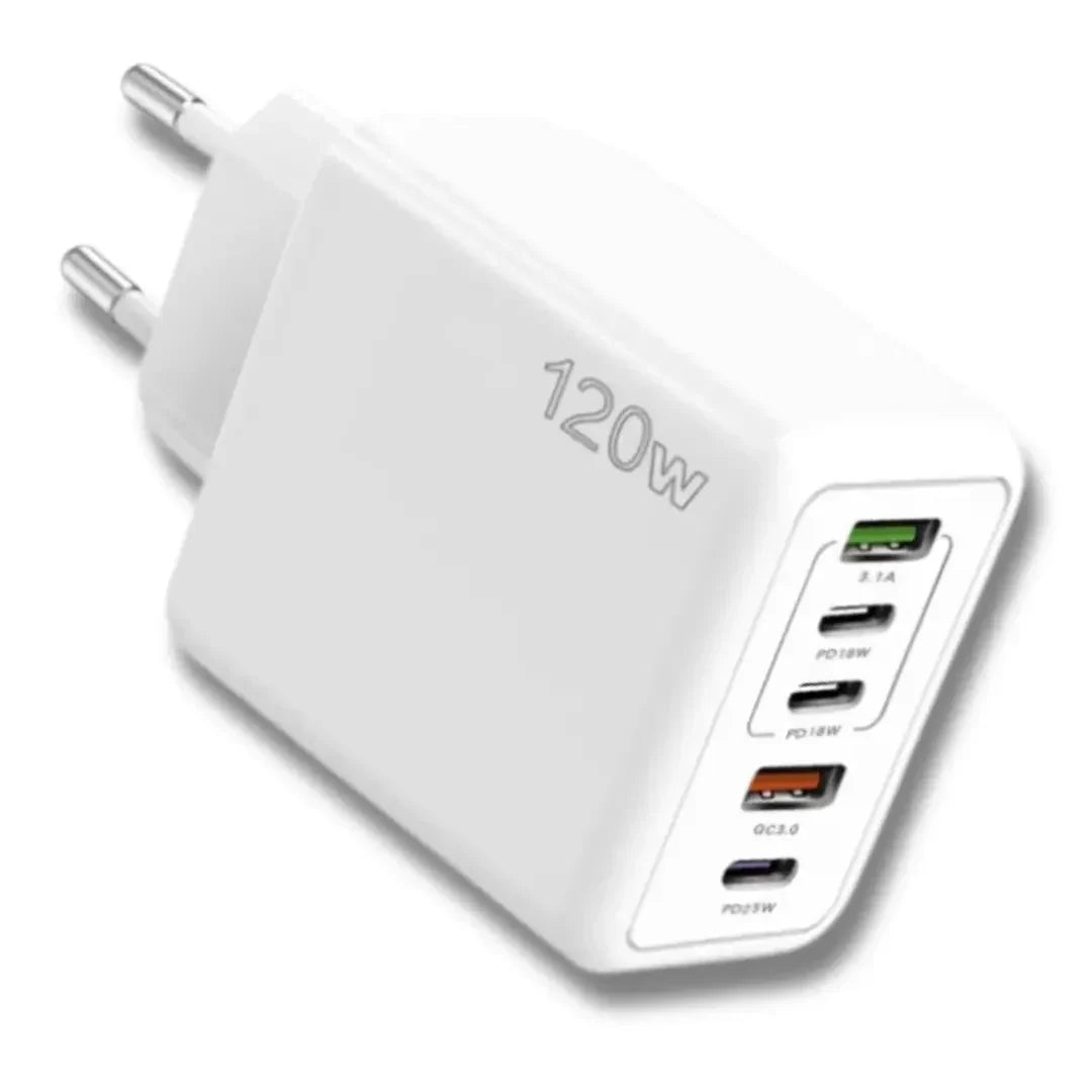5-ports USB-vegglader – 2× USB-A + 3× USB-C, Quick Charge 3.0
