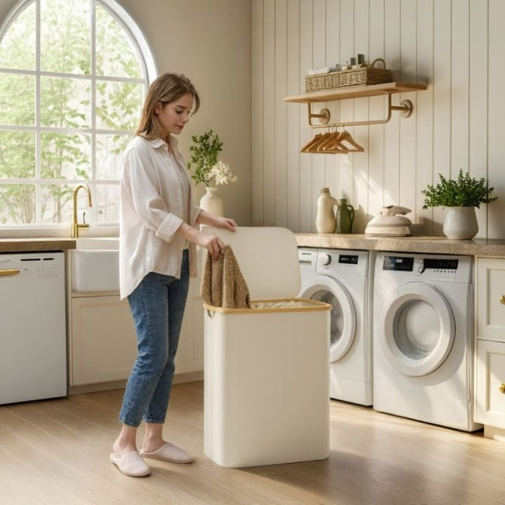 Vasketøykurv med lokk | Vasketøysortering med 3 rom i svart, beige og grå | WäscheBox