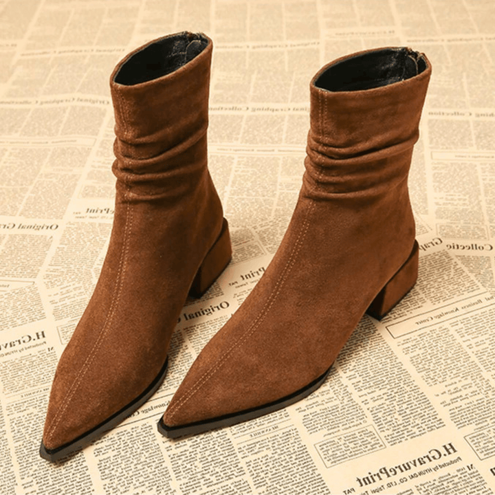 Dame Semskede Boots med Spiss Tå og Blokkhæl