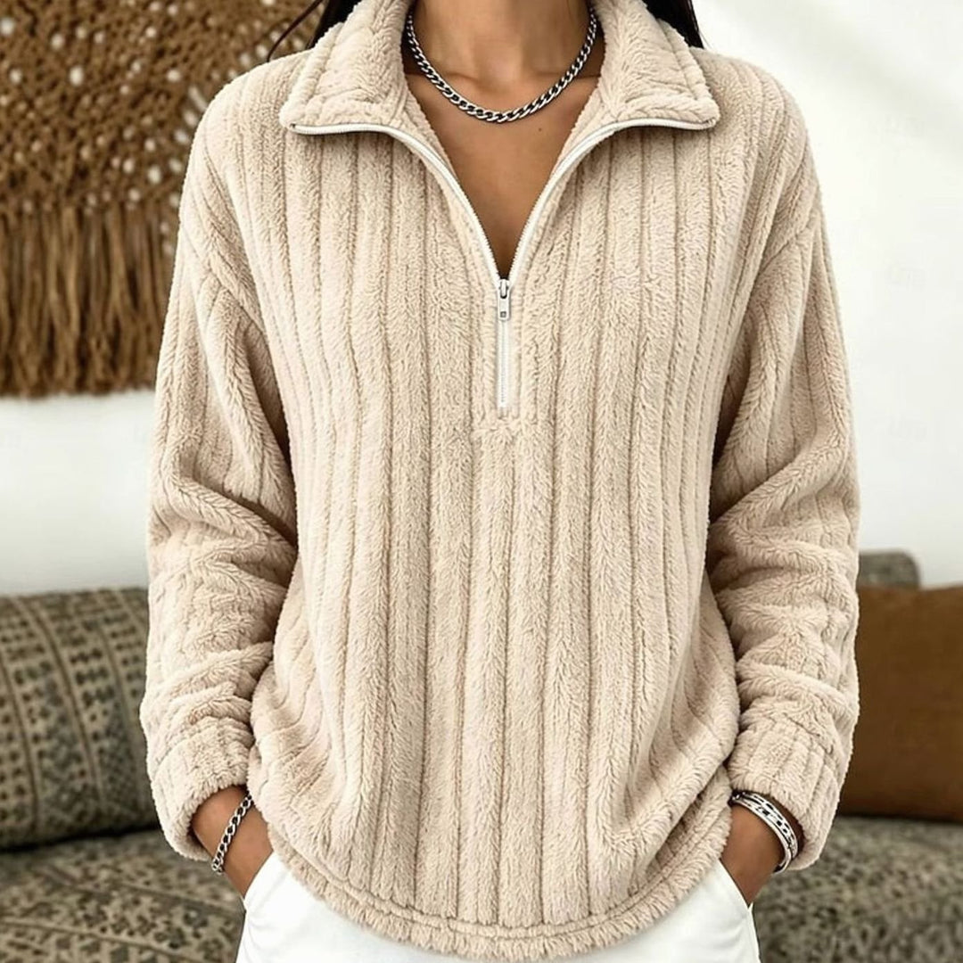 Fleecegenser med halv glidelås til dame – ribbestrikket pullover