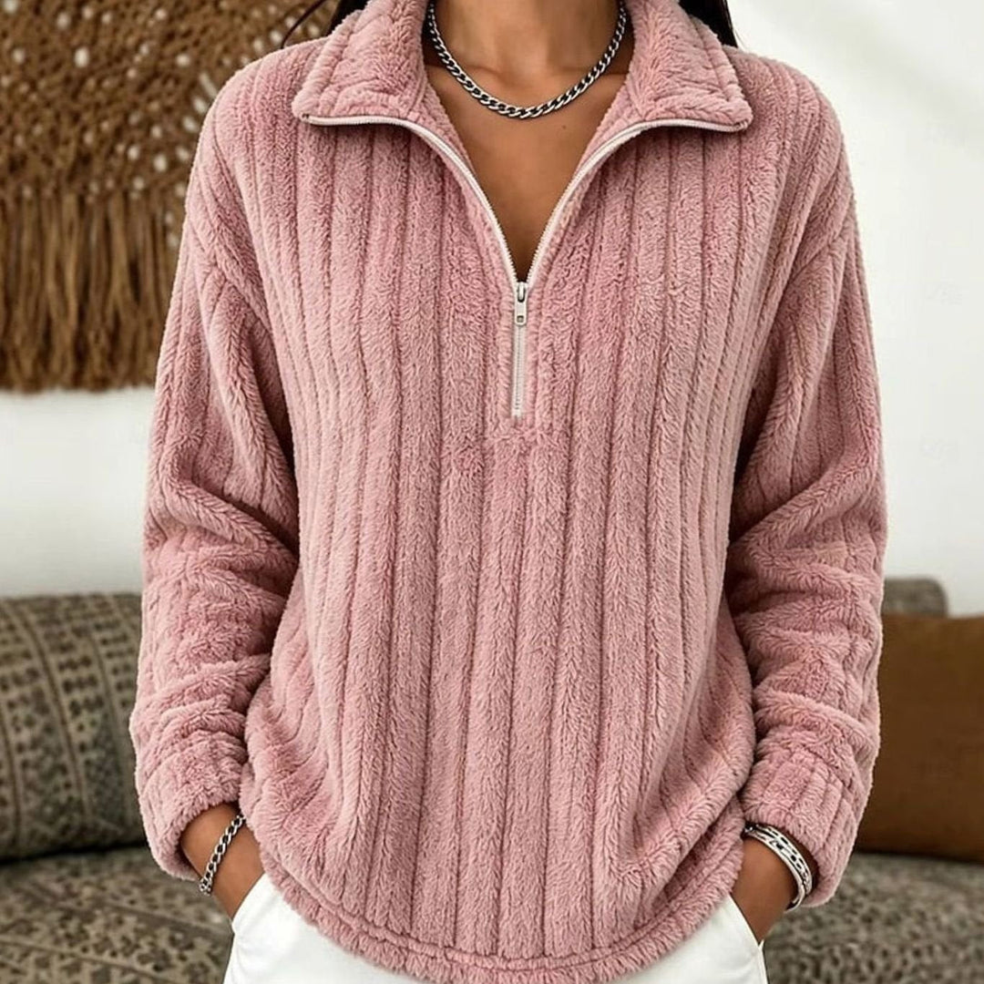 Fleecegenser med halv glidelås til dame – ribbestrikket pullover