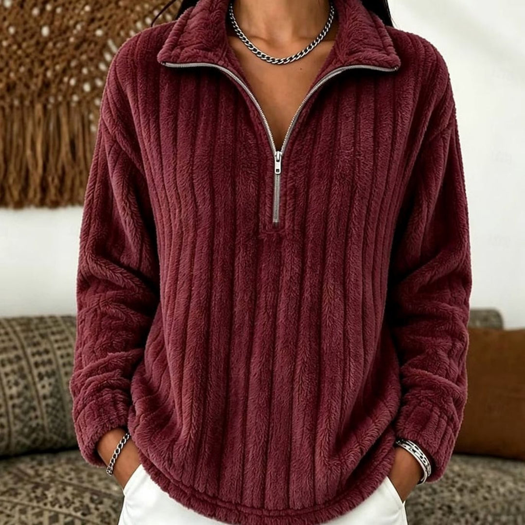 Fleecegenser med halv glidelås til dame – ribbestrikket pullover