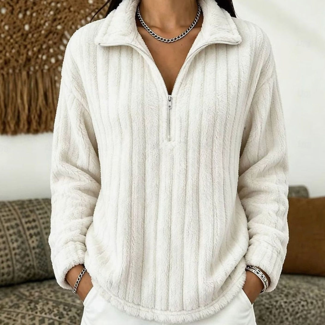Fleecegenser med halv glidelås til dame – ribbestrikket pullover