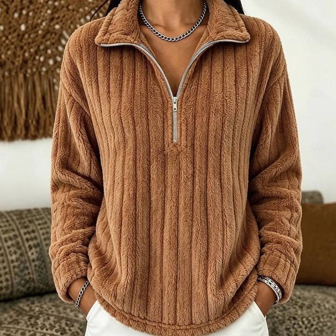 Fleecegenser med halv glidelås til dame – ribbestrikket pullover