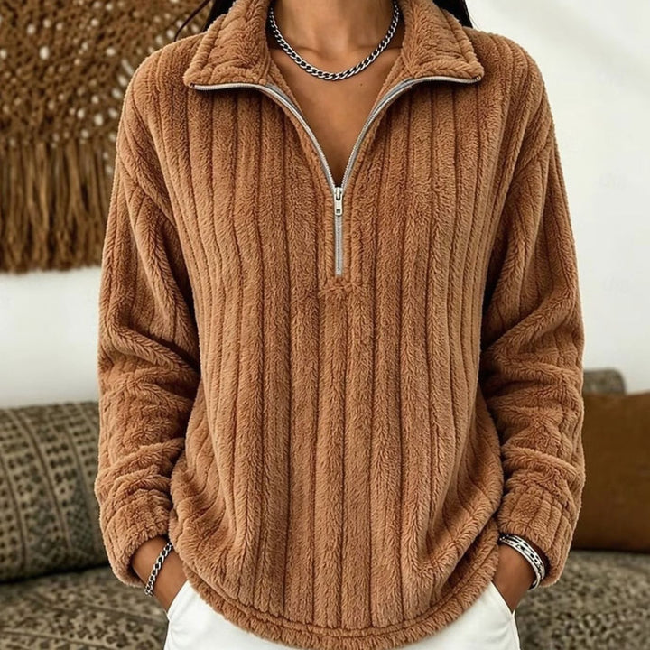 Fleecegenser med halv glidelås til dame – ribbestrikket pullover