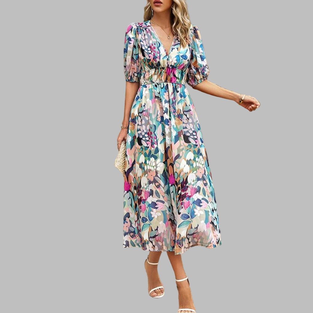 "Women's casual V-neck midi dress in breathable cotton, features short sleeves and a relaxed silhouette for summer comfort."