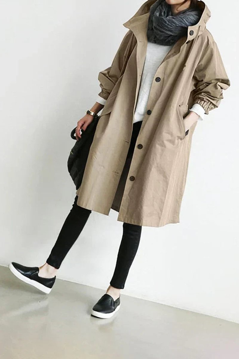 Lang trenchcoat for damer med hette, vanntett, oversized passform