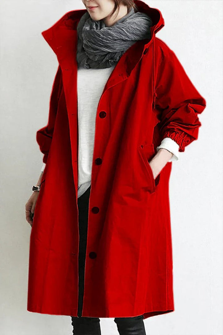 Lang trenchcoat for damer med hette, vanntett, oversized passform