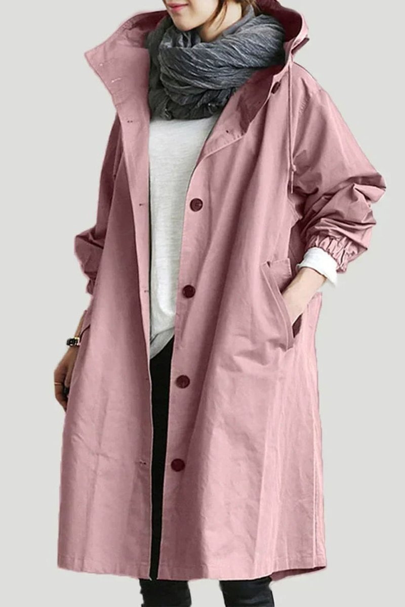Lang trenchcoat for damer med hette, vanntett, oversized passform