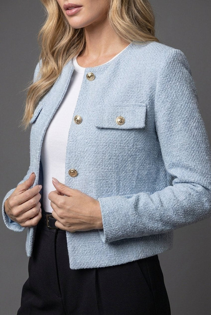 Dame Tweedblazer Cropped med Rund Utringning og Knapper